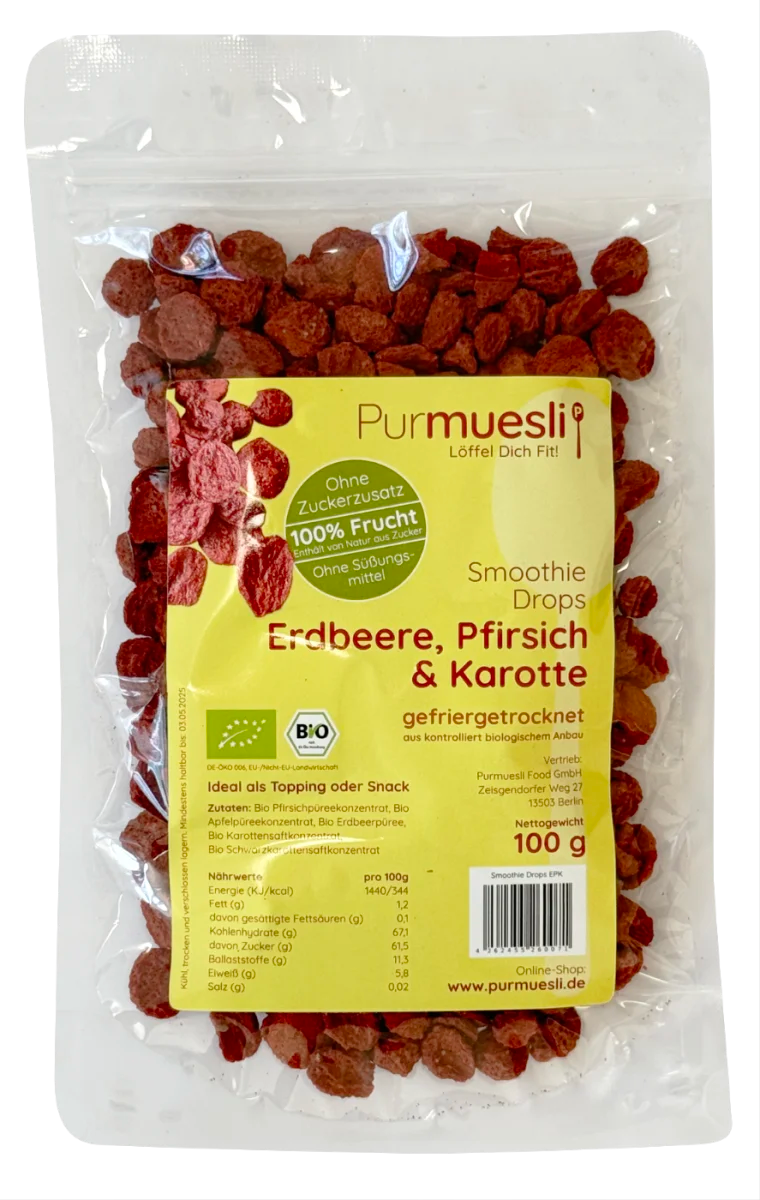 Purmuesli Smoothie Drops - Bio Erdbeere, Pfirsich, Karotte 100g (6 Stück)