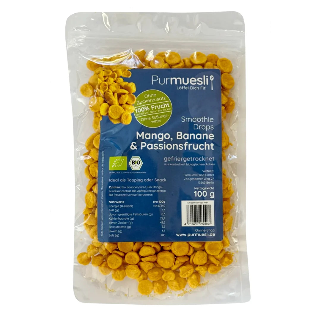 Purmuesli Smoothie Drops - Bio Mango, Banane, Passionsfrucht 100g (6 Stück)